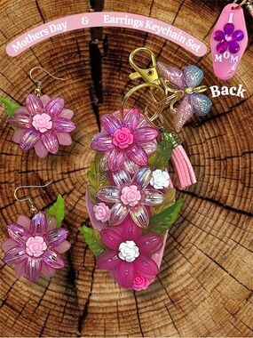Pink Keychain & Matching Earrings Pink Set, Resin, Hotel Keychain, Mother's Day